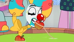 Size: 3072x1727 | Tagged: safe, derpibooru import, screencap, earth pony, pony, my little pony: tell your tale, spoiler:g5, spoiler:my little pony: tell your tale, spoiler:tyts01e30, apple, clown, clown makeup, clown nose, food, g5, high res, image, jpeg, male, nightmare night party, offscreen character, red nose, rufus (g5), solo focus, stallion, youtube link