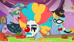 Size: 3072x1727 | Tagged: safe, derpibooru import, screencap, unnamed character, earth pony, pony, my little pony: tell your tale, spoiler:g5, spoiler:my little pony: tell your tale, spoiler:tyts01e30, clown, clown makeup, clown nose, g5, high res, image, jpeg, male, nightmare night party, open mouth, red nose, rufus (g5), stallion, trio focus, youtube link
