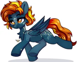 Size: 2285x1835 | Tagged: safe, artist:leah minik, derpibooru import, oc, unofficial characters only, pegasus, pony, catchlights, chest fluff, eyebrows, eyebrows visible through hair, female, folded wings, freckles, full body, heart, heart eyes, image, looking away, mare, multicolored mane, multicolored tail, orange eyes, pegasus oc, png, short mane, simple background, smiling, solo, spots, tail, trade, white background, wingding eyes, wings