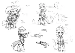 Size: 2000x1414 | Tagged: safe, artist:derpiihooves, derpibooru import, pinkie pie, rainbow dash, semi-anthro, armor, bipedal, clothes, duo, energy weapon, female, gun, hat, hoof hold, image, monochrome, png, star wars, star wars: the old republic, weapon
