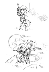 Size: 1367x2000 | Tagged: safe, artist:derpiihooves, derpibooru import, pinkie pie, rainbow dash, semi-anthro, action pose, armor, bipedal, clothes, duo, energy weapon, female, gun, hat, hoof hold, image, monochrome, png, star wars, star wars: the old republic, weapon