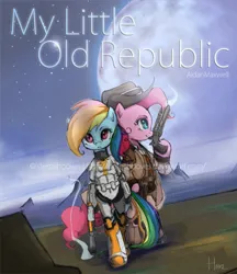 Size: 500x578 | Tagged: safe, artist:derpiihooves, derpibooru import, pinkie pie, rainbow dash, human, armor, bipedal, clothes, duo, energy weapon, fanfic art, female, gun, hat, hoof hold, humanized, image, jpeg, needs more jpeg, solo, star wars, star wars: the old republic, weapon