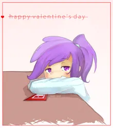 Size: 952x1080 | Tagged: safe, artist:derpiihooves, derpibooru import, liza doolots, petunia, tootsie flute, human, hearts and hooves day (episode), bust, crying, female, holiday, humanized, image, png, solo, table, valentine, valentine's day