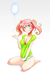 Size: 2581x3835 | Tagged: suggestive, artist:derpiihooves, derpibooru import, pinkie pie, human, balloon, breasts, clothes, female, high res, humanized, image, pigtails, png, polly parks, shirt, shirt pull, simple background, sitting, solo, starswirl academy, underwear, visual novel, white background