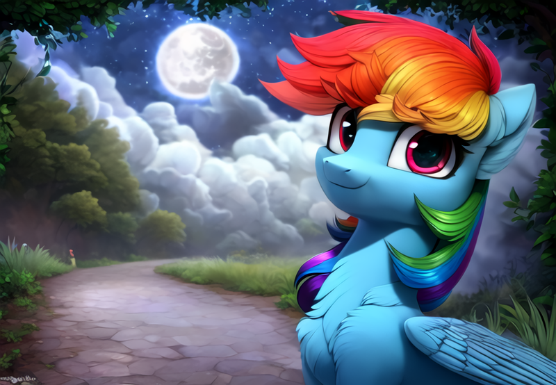 Size: 1664x1152 | Tagged: safe, derpibooru import, machine learning generated, purplesmart.ai, stable diffusion, rainbow dash, pegasus, pony, bust, chest fluff, cute, detailed, detailed background, female, fluffy, folded wings, image, mare, night, png, portrait, smiling, solo, wings