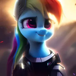 Size: 1024x1024 | Tagged: safe, derpibooru import, machine learning generated, purplesmart.ai, stable diffusion, rainbow dash, pegasus, pony, armor, cinematic, cute, ear fluff, eyelashes, fluffy mane, image, jpeg, smiling, solo, star citizen