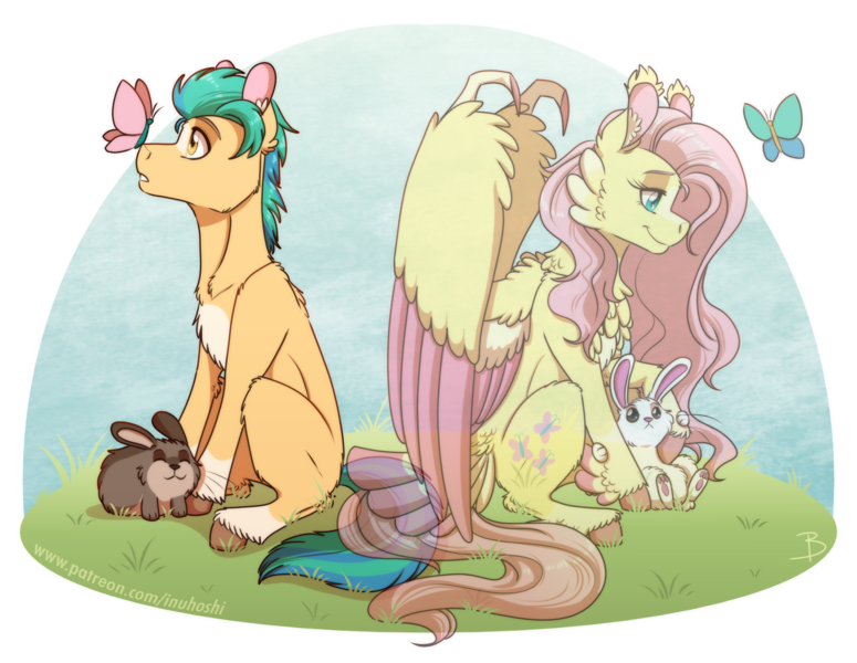 Size: 1800x1393 | Tagged: safe, artist:inuhoshi-to-darkpen, derpibooru import, fluttershy, hitch trailblazer, butterfly, earth pony, insect, pegasus, pony, butterfly on nose, chest fluff, g5, image, insect on nose, png, simple background, transparent background