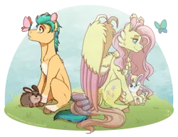 Size: 1800x1393 | Tagged: safe, artist:inuhoshi-to-darkpen, derpibooru import, fluttershy, hitch trailblazer, butterfly, earth pony, insect, pegasus, pony, butterfly on nose, chest fluff, g5, image, insect on nose, png, simple background, transparent background