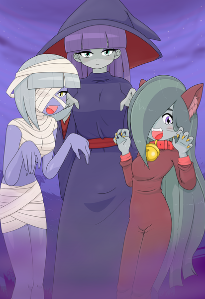Size: 2441x3556 | Tagged: safe, artist:batipin, derpibooru import, limestone pie, marble pie, maud pie, human, equestria girls, belly button, breasts, clothes, collar, costume, cute, equestria girls-ified, female, halloween, halloween costume, hat, holiday, image, limabetes, marblebetes, maudabetes, midriff, mummy, open mouth, pie sisters, png, rawr, siblings, sisters, witch, witch hat