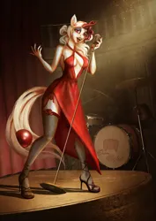 Size: 905x1280 | Tagged: safe, artist:razlads-slave, derpibooru import, oc, oc:razlad, anthro, clothes, drums, high heels, image, jpeg, looking at you, microphone, musical instrument, red dress, shoes, singing, stage, vintage