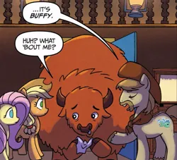 Size: 783x712 | Tagged: safe, artist:tonyfleecs, derpibooru import, idw, applejack, buffy the buffalo, fluttershy, unnamed character, unnamed pony, buffalo, earth pony, pegasus, pony, from the shadows, spoiler:comic, dialogue, female, g4, group, image, jpeg, male, mare, quartet, speech bubble, stallion