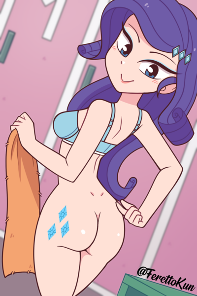 Size: 1000x1500 | Tagged: questionable, artist:ferettokun, edit, rarity, equestria girls, ass, blue underwear, bottomless, bra, breasts, butt, clothes, cutie mark, cutie mark on equestria girl, dimples of venus, female, human coloration, image, partial nudity, png, rearity, solo, solo female, underwear
