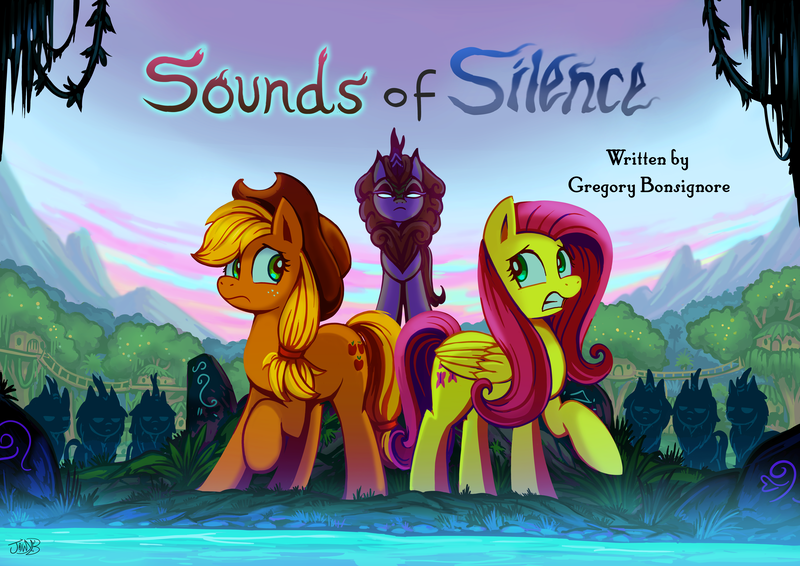 Size: 7016x4961 | Tagged: safe, artist:jowybean, derpibooru import, applejack, autumn blaze, fluttershy, earth pony, kirin, pegasus, pony, sounds of silence, absurd resolution, banner, g4, image, png, title card