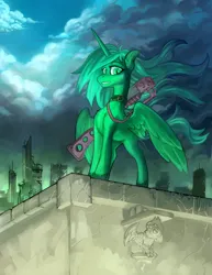 Size: 2782x3600 | Tagged: safe, artist:hobbes-maxwell, derpibooru import, oc, unofficial characters only, alicorn, fallout equestria, city, cityscape, cloud, female, image, laser rifle, png, solo, solo female