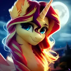 Size: 1024x1024 | Tagged: safe, derpibooru import, machine learning generated, purplesmart.ai, stable diffusion, sunset shimmer, pony, unicorn, cute, ear fluff, eyebrows, eyelashes, fluffy mane, image, jpeg, looking at you, moon, moonlight, smiling, solo