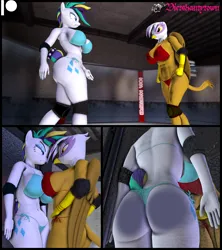 Size: 3840x4320 | Tagged: suggestive, artist:dietshantytown, derpibooru import, part of a set, gilda, rarity, anthro, gryphon, plantigrade anthro, unicorn, 3d, alternate hairstyle, arena, ass, big breasts, bikini, bikini bottom, bikini top, breasts, breasts touching, busty gilda, busty rarity, butt, clothes, duo, duo female, elbow pads, female, image, knee pads, part of a series, png, punk, raripunk, rearity, source filmmaker, squishy, swimsuit, tail