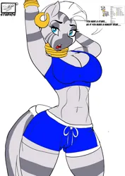 Size: 905x1280 | Tagged: safe, artist:skyline19, derpibooru import, zecora, anthro, zebra, breasts, cleavage, clothes, dialogue, gym shorts, hips, image, jewelry, jpeg, looking at you, midriff, shorts, solo, sports bra, sports shorts, thighs, thunder thighs, wide hips, wip, workout outfit
