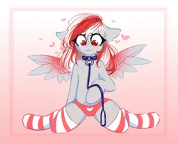 Size: 1600x1300 | Tagged: suggestive, artist:tоri, derpibooru import, oc, oc:skyshard melody, pegasus, pony, chest fluff, clothes, collar, commission, female, floating heart, floppy ears, fluffy, heart, image, leash, lip bite, mare, panties, pet play, png, red mane, simple background, sitting, socks, solo, sparkly eyes, spread legs, spread wings, spreading, striped socks, thigh highs, underwear, white mane, wingding eyes, wings, ych result
