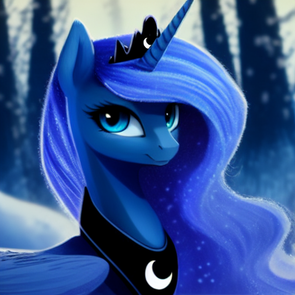 Size: 1024x1024 | Tagged: safe, derpibooru import, editor:dovakkins, machine learning generated, prompter:dovakkins, purplesmart.ai, stable diffusion, princess luna, alicorn, pony, beautiful, crown, cute, female, forest, forest background, image, jewelry, lunabetes, mare, peytral, png, regalia, smiling, snow, solo, tree, winter