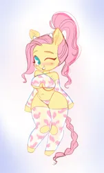 Size: 1327x2195 | Tagged: suggestive, artist:v33tox, derpibooru import, fluttershy, anthro, pegasus, unguligrade anthro, alternate hairstyle, arm hooves, bare shoulders, belly button, bikini, bikini bottom, blushing, breasts, chibi, cleavage, clothes, cowprint, gloves, hips, image, jpeg, long gloves, looking at you, one eye closed, ponytail, socks, solo, swimsuit, thigh highs, thighs, thunder thighs, underboob, wide hips, wink, winking at you