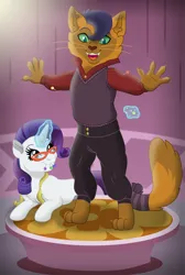 Size: 4130x6159 | Tagged: safe, artist:faitheverlasting, derpibooru import, capper dapperpaws, rarity, abyssinian, pony, unicorn, my little pony: the movie, clothes, commission, duo, duo male and female, female, glasses, image, male, mare, pants, png, sewing needle, story in the source, sweater vest