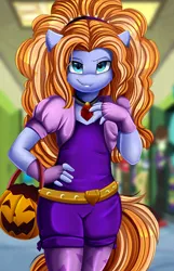 Size: 2450x3809 | Tagged: safe, artist:pridark, derpibooru import, adagio dazzle, oc, oc:beach glow, unofficial characters only, anthro, bucket, canterlot high, clothes, cosplay, costume, female, gem, halloween, hallway, high res, holiday, image, jack-o-lantern, lockers, png, pumpkin, siren gem