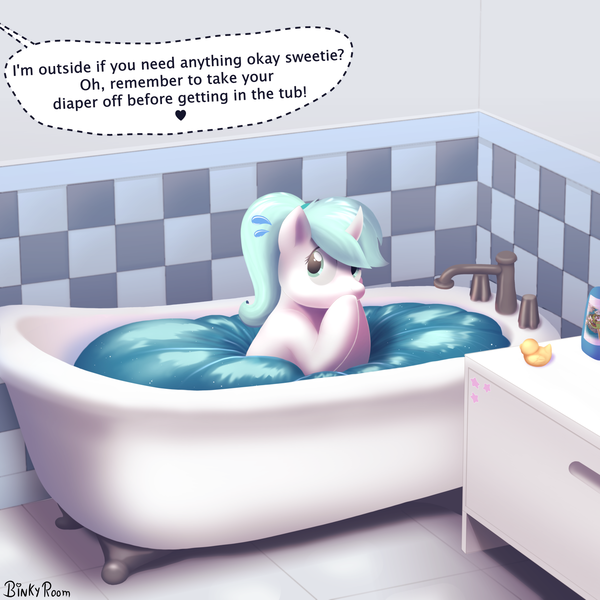 Size: 1500x1500 | Tagged: safe, artist:binkyroom, derpibooru import, oc, pony, unicorn, abdl, bathroom, bathtub, commission, covering mouth, diaper, emanata, funny, image, impossibly large diaper, oops, png, rubber duck, soaked diaper, solo, speech bubble, sweat, sweatdrops, text, wet diaper, worried, ych result