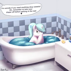 Size: 1500x1500 | Tagged: safe, artist:binkyroom, derpibooru import, oc, pony, unicorn, abdl, bathroom, bathtub, commission, covering mouth, diaper, emanata, funny, image, impossibly large diaper, oops, png, rubber duck, soaked diaper, solo, speech bubble, sweat, sweatdrops, text, wet diaper, worried, ych result