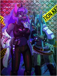 Size: 900x1200 | Tagged: safe, artist:pornypastel, derpibooru import, nightmare moon, queen chrysalis, alicorn, anthro, changeling, changeling queen, angry, boots, bracelet, breasts, cleavage, clothes, crown, daisy dukes, ear piercing, eyeshadow, fangs, female, fishnet clothing, fishnets, hand on hip, heavy metal, image, jacket, jewelry, jpeg, leather, leather jacket, lidded eyes, looking at you, makeup, middle finger, midriff, piercing, regalia, ripped stockings, ripping clothes, rocker, scowl, shoes, short shirt, shorts, skintight clothes, slit pupils, socks, spiked wristband, stockings, thigh highs, tongue out, torn clothes, vulgar, wristband