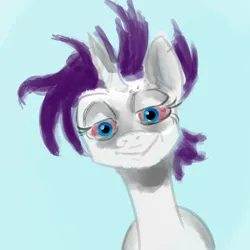 Size: 1000x1000 | Tagged: safe, artist:anonymous, derpibooru import, rarity, pony, unicorn, /mlp/, bloodshot eyes, blue background, brendan fraser, drawthread, female, image, just, looking at you, mare, meme, png, ponified meme, simple background, solo