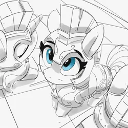 Size: 1500x1500 | Tagged: safe, artist:pabbley, derpibooru import, earth pony, pony, unicorn, eyes closed, female, fisheye lens, grayscale, guardsmare, image, jpeg, looking up, mare, monochrome, partial color, royal guard, trio