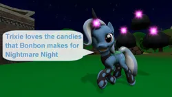 Size: 1920x1080 | Tagged: safe, artist:ask-the-luna-knight, derpibooru import, trixie, pony, unicorn, 3d, changeling costume, clothes, costume, image, jpeg, looking at you, nightmare night, one eye closed, open mouth, open smile, smiling, source filmmaker, text, voice actor joke, wink