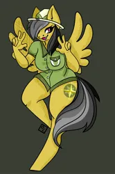 Size: 1360x2048 | Tagged: safe, artist:moonspice04, derpibooru import, daring do, anthro, pegasus, unguligrade anthro, bottomless, clothes, dark background, double peace sign, female, hat, image, jpeg, partial nudity, peace sign, pith helmet, solo, wings