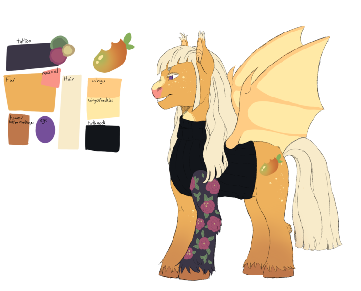 Size: 2222x1789 | Tagged: safe, artist:frostbitt3n, derpibooru import, oc, oc:mango scoops, unofficial characters only, bat pony, pony, bat pony oc, bat wings, clothes, fangs, female, freckles, grin, image, mare, markings, png, reference sheet, simple background, sleeveless, sleeveless sweater, sleeveless turtleneck, smiling, solo, sweater, tattoo, transparent background, unshorn fetlocks, wings