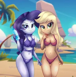 Size: 1280x1295 | Tagged: suggestive, artist:sakuma, derpibooru import, applejack, rarity, human, equestria girls, beach, belly button, bikini, bikini bottom, bikini top, bottle, breasts, busty applejack, busty rarity, clothes, cloud, duo, eyeshadow, female, image, jpeg, makeup, ocean, palm tree, rock, sand, sky, swimsuit, tree, water, water bottle