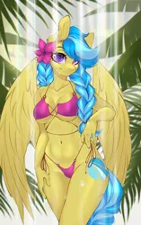 Size: 2035x3237 | Tagged: safe, artist:u_lu_lu, derpibooru import, oc, oc:jeppesen, unofficial characters only, anthro, pegasus, pony, absolute cleavage, anthro oc, beautiful, beautisexy, belly, belly button, bikini, braid, braided tail, breasts, cleavage, clothes, collarbone, eyebrows, eyebrows visible through hair, female, flower, flower in hair, image, leaves, looking at you, mare, pegasus oc, png, reasonably shaped breasts, reasonably sized breasts, shower, side-tie bikini, smiling, string bikini, swimsuit, tail, twin braids, water, wet, wings