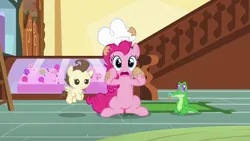 Size: 1280x720 | Tagged: safe, derpibooru import, screencap, gummy, pound cake, earth pony, pegasus, pony, season 5, the one where pinkie pie knows, baby, baby pony, colt, female, foal, image, looking at you, male, mare, open mouth, png, reaction image, shocked, trio