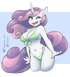 Size: 2700x3000 | Tagged: suggestive, artist:ambris, derpibooru import, sweetie belle, anthro, unicorn, belly button, bikini, bikini bottom, bikini top, breasts, busty sweetie belle, cleavage, clothes, female, heart, hips, image, jpeg, legs, meta, midriff, one eye closed, open mouth, patreon, simple background, smiling, solo, solo female, swimsuit, twitter, white background, wink