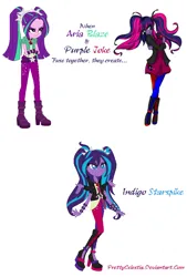 Size: 804x1188 | Tagged: safe, artist:prettycelestia, aria blaze, oc, oc:purple joke, boots, clothes, fusion, hairpins, high heel boots, image, jacket, jewelry, necklace, png, shoes