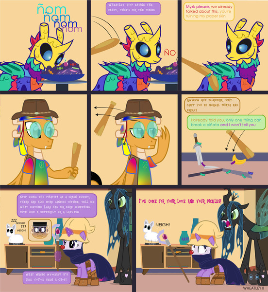 Size: 1724x1874 | Tagged: safe, artist:wheatley r.h., derpibooru import, queen chrysalis, oc, oc:lara, oc:myoozik the dragon, oc:twi clown, oc:w. rhinestone eyes, changeling, dragon, piñata pony, pony, unicorn, banana, baseball bat, black magic, candy, candy cane, changeling oc, clone, clothes, clown makeup, comic, costume, crowbar, derpibooru exclusive, disguise, disguised changeling, dragon oc, female, food, glasses, glow, glowing horn, hippie, horn, image, jpeg, magic, male, mare, nightmare night, non-pony oc, pants, piñata, round glasses, scared, scepter, stallion, sword, telekinesis, unicorn oc, vector, watermark, weapon