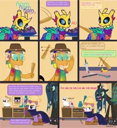 Size: 1724x1874 | Tagged: safe, artist:wheatley r.h., derpibooru import, queen chrysalis, oc, oc:lara, oc:myoozik the dragon, oc:twi clown, oc:w. rhinestone eyes, changeling, dragon, piñata pony, pony, unicorn, banana, baseball bat, black magic, candy, candy cane, changeling oc, clone, clothes, clown makeup, comic, costume, crowbar, derpibooru exclusive, disguise, disguised changeling, dragon oc, female, food, glasses, glow, glowing horn, hippie, horn, image, jpeg, magic, male, mare, nightmare night, non-pony oc, pants, piñata, round glasses, scared, scepter, stallion, sword, telekinesis, unicorn oc, vector, watermark, weapon