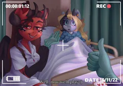 Size: 4096x2885 | Tagged: safe, artist:irinamar, derpibooru import, oc, unofficial characters only, anthro, demon, demon pony, original species, bed, gloves, hospital bed, image, jpeg, rubber gloves