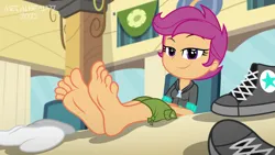 Size: 8000x4500 | Tagged: safe, artist:metalhead97, derpibooru import, scootaloo, human, equestria girls, barefoot, cafeteria, chair, clothes, commission, converse, cute, cutealoo, feet, fetish, foot fetish, foot focus, image, png, presenting, reclining, shoes, show accurate, smiling, smirk, socks