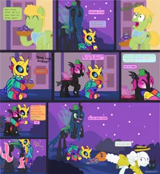 Size: 1724x1874 | Tagged: safe, artist:wheatley r.h., derpibooru import, queen chrysalis, oc, oc:lara, oc:w. rhinestone eyes, oc:winter witness, changeling, earth pony, piñata pony, pony, bag, candy, candy bag, changeling oc, clothes, comic, costume, derpibooru exclusive, disguise, disguised changeling, fangs, female, food, image, jpeg, male, mare, night, night sky, nightmare night, piñata, scared, sky, spanish, stallion, stars, vector, watermark