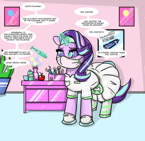 Size: 1262x1229 | Tagged: suggestive, artist:n-o-n, derpibooru import, starlight glimmer, pony, unicorn, alternate universe, apple, apron, balloon, brainwashed, brainwashing, clothes, dentist, dentist fetish, dialogue, doctor, dress, female, food, gloves, glow, glowing horn, hat, headband, heart, heart eyes, high heels, horn, hypnosis, hypnotized, image, latex, latex clothes, magic, mask, medical gloves, name tag, nurse, nurse hat, nurse outfit, offscreen character, picture frame, plant, png, pocket, poster, propaganda poster, shoes, skirt, socks, speech bubble, stockings, surgical mask, swirly eyes, table, telekinesis, thigh highs, tools, toothbrush, toothpaste, uniform, vase, wingding eyes