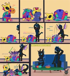 Size: 1724x1874 | Tagged: safe, artist:wheatley r.h., derpibooru import, oc, oc:w. rhinestone eyes, changeling, earth pony, piñata pony, pony, angry, bag, belly, big belly, bowl, burst, candy, candy bag, changeling oc, clothes, comic, costume, couch, derpibooru exclusive, dragoness wheatley, eating, fangs, food, heterochromia, honeypot changeling, image, jpeg, male, newspaper, piñata, popping, scared, spanish, spread wings, stallion, stick, stuffed belly, table, tongue out, upset, vector, watermark, wings