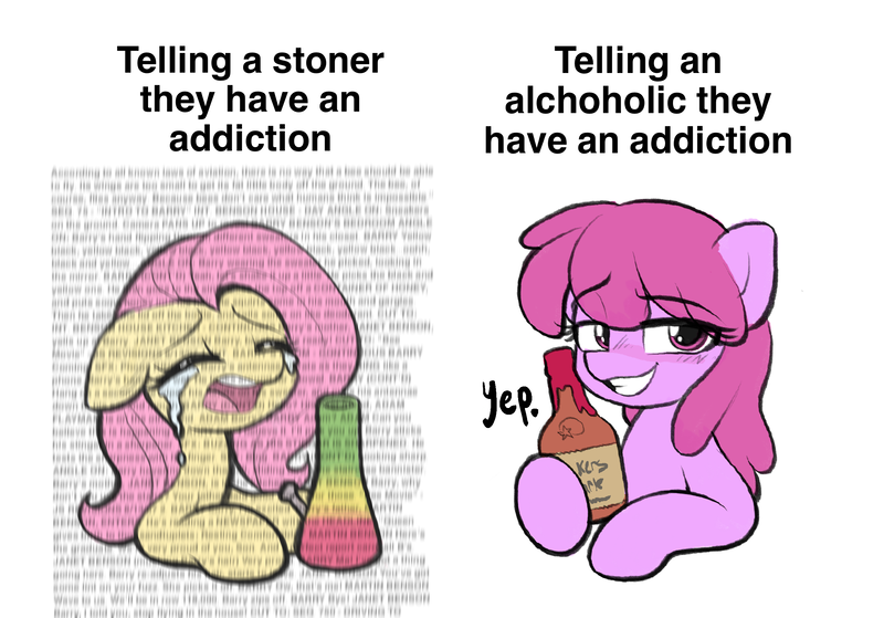 Size: 2388x1668 | Tagged: safe, artist:moozua, derpibooru import, berry punch, berryshine, fluttershy, pony, alcohol, bee movie, bee movie script, berrytube, bong, bottle, bust, chad, crying, derpibooru exclusive, drugs, duo, female, floppy ears, flutterhigh, grin, high, image, mare, marijuana, meme, open mouth, png, simple background, smiling, white background, yes