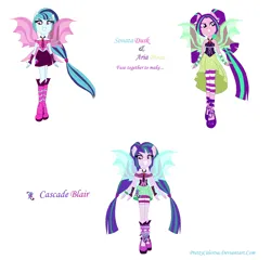 Size: 1342x1286 | Tagged: safe, artist:prettycelestia, derpibooru import, aria blaze, sonata dusk, siren, equestria girls, boots, clothes, fusion, gem, hairclip, high heel boots, image, png, ponied up, shoes, siren gem, sirenified, socks, species swap, stockings, thigh highs