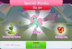 Size: 1258x861 | Tagged: safe, derpibooru import, idw, official, minty, minty (g1), earth pony, pony, bundle, bush, costs real money, english, female, flower, g1, g3, g4, gameloft, idw showified, image, jpeg, mare, numbers, sale, solo, solo focus, text