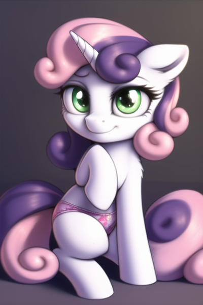 Size: 512x768 | Tagged: suggestive, derpibooru import, machine learning generated, novelai, sweetie belle, pony, unicorn, clothes, female, filly, foal, foalcon, green eyes, image, looking at you, panties, pink underwear, png, raised hoof, sitting, smiling, smiling at you, solo, solo female, underage, underwear